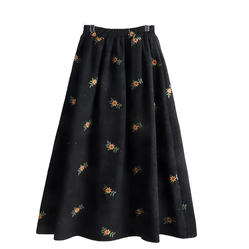 Corduroy Floral Embroidery Skirt for Women Black / XS