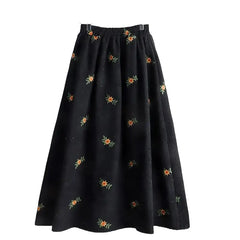 Corduroy Floral Embroidery Skirt for Women Black / XS