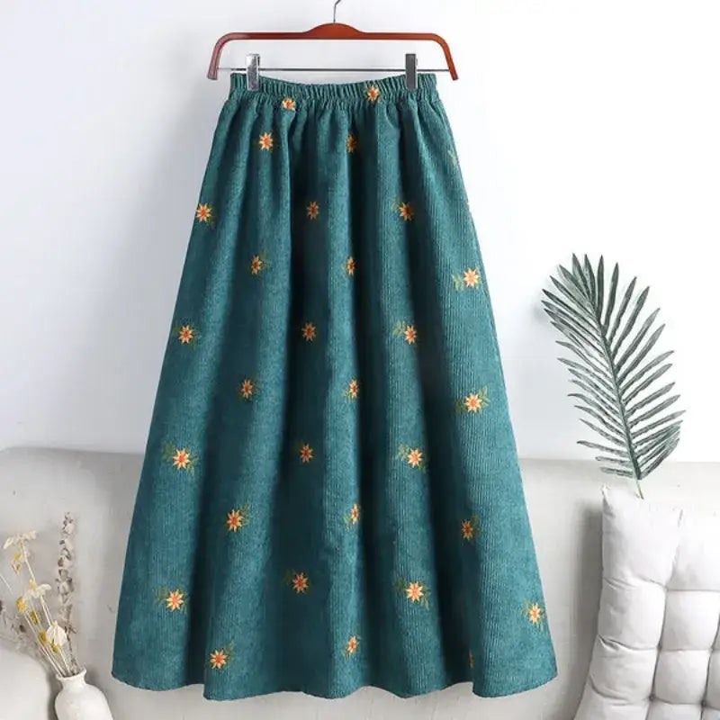 Corduroy Floral Embroidery Skirt for Women