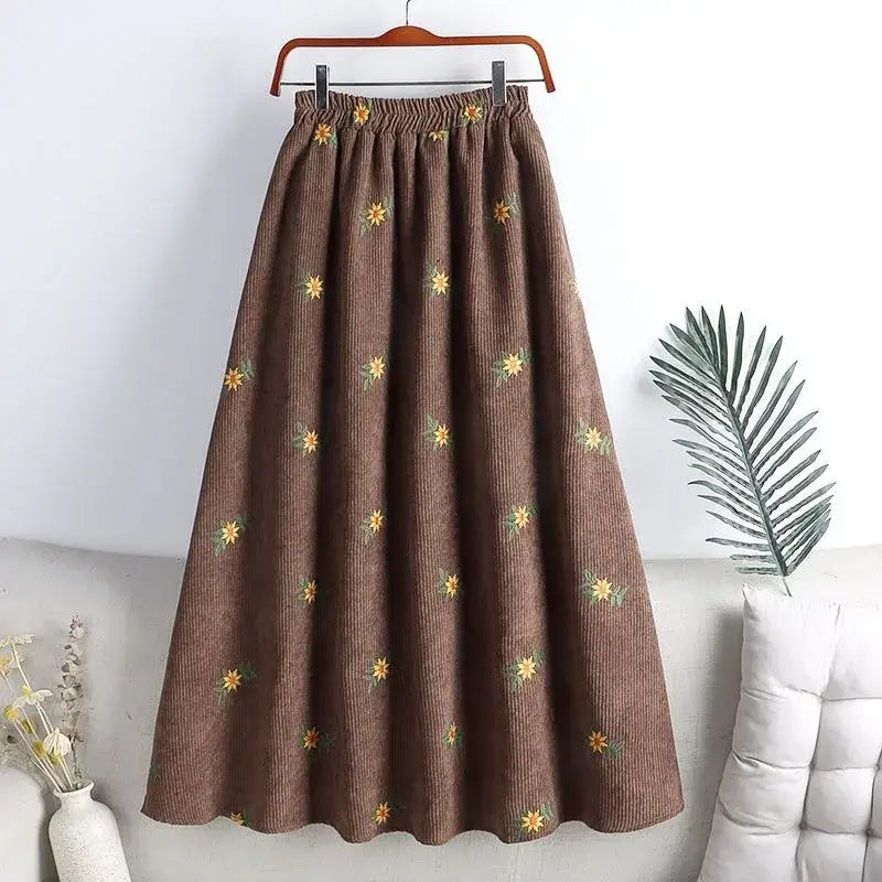 Corduroy Floral Embroidery Skirt for Women