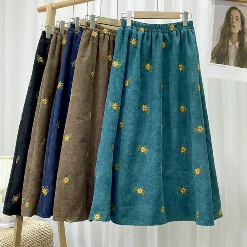 Corduroy Floral Embroidery Skirt for Women