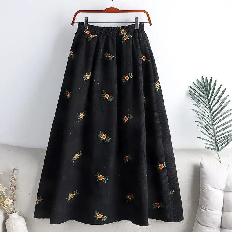 Corduroy Floral Embroidery Skirt for Women
