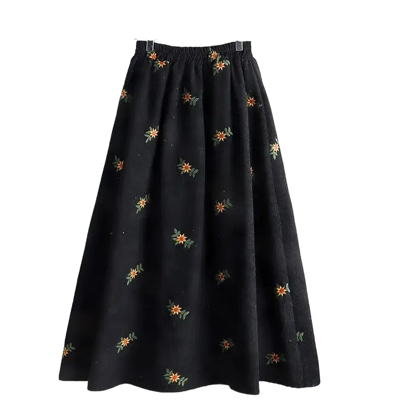 Corduroy Floral Embroidery Skirts - Black / XS