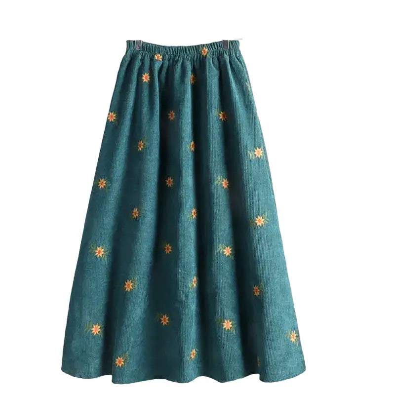 Corduroy Floral Embroidery Skirts - Green / XS