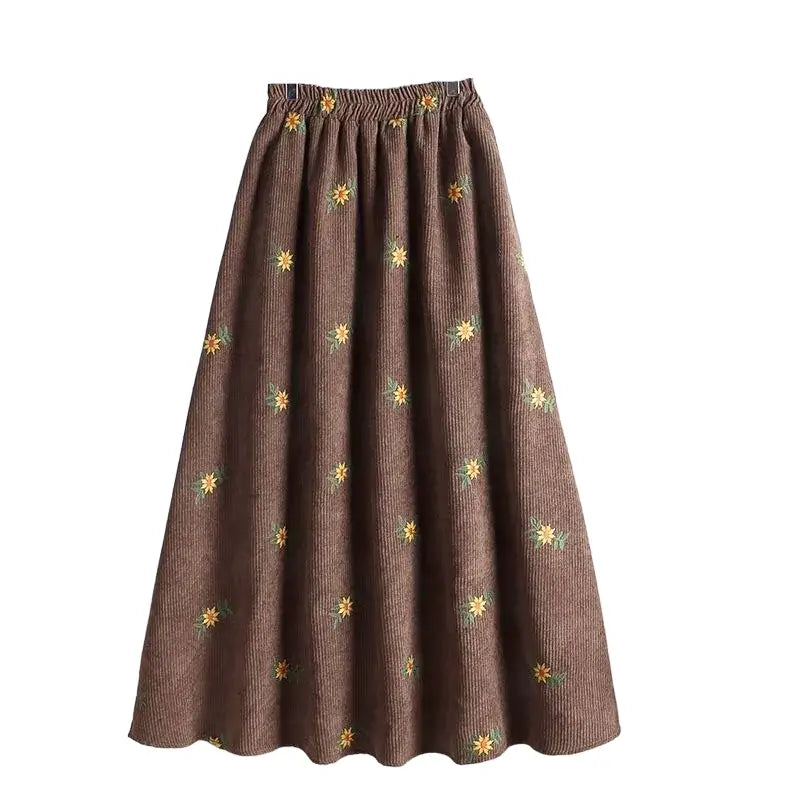 Corduroy Floral Embroidery Skirts - Khaki / XS