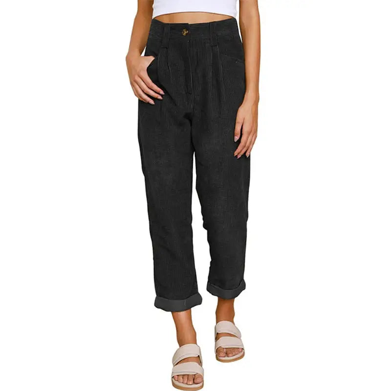 Corduroy High Waist Loose Straight Pants - Black / S