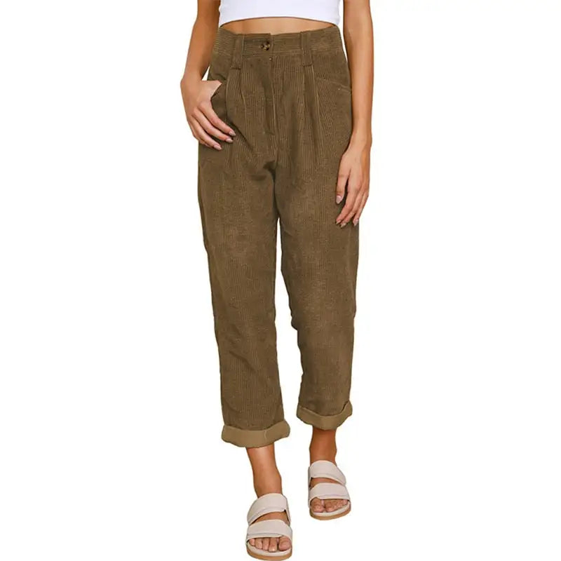 Corduroy High Waist Loose Straight Pants - Brown / S