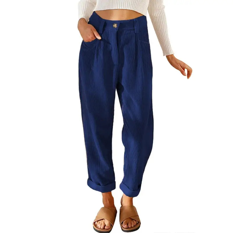 Corduroy High Waist Loose Straight Pants - Colorful Blue / S