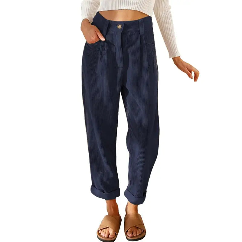 Corduroy High Waist Loose Straight Pants - dark blue / S