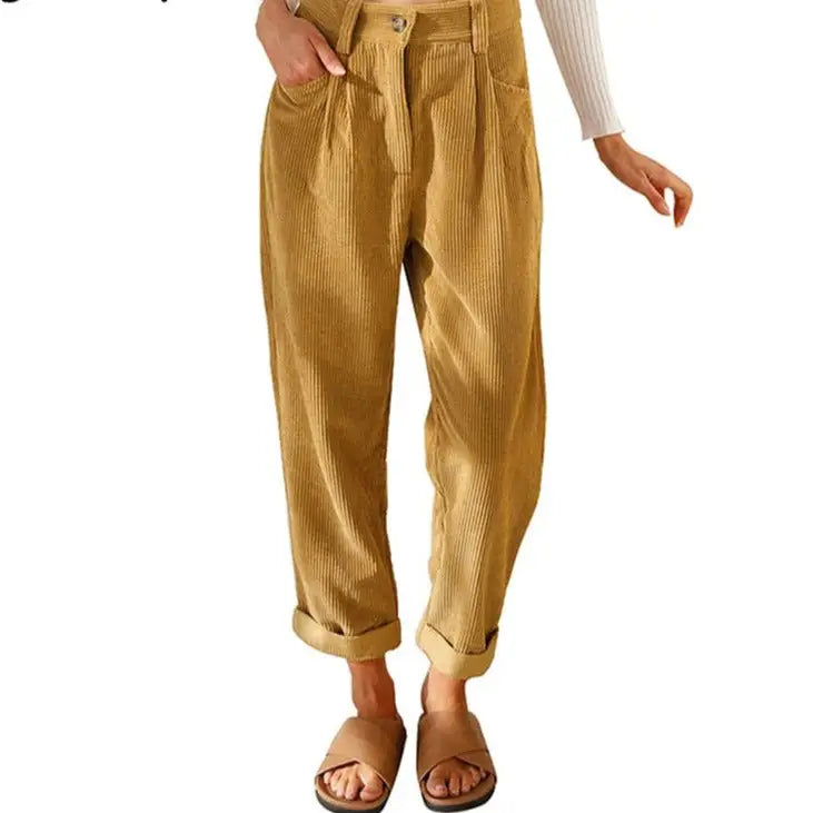 Corduroy High Waist Loose Straight Pants - Khaki / S