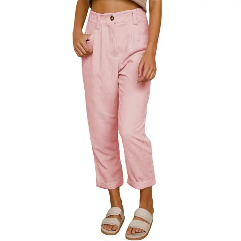 Corduroy High Waist Loose Straight Pants - Pink / S