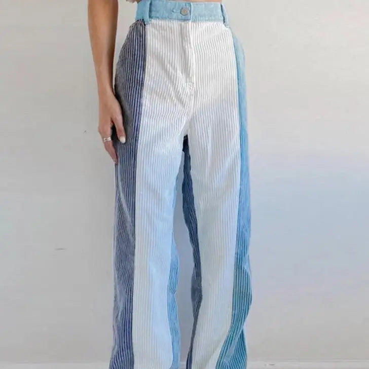 Corduroy High Waist Pants with Contrast Color Pockets