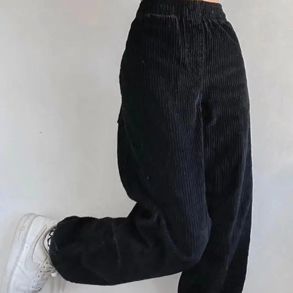 Corduroy High Waist Pants with Contrast Color Pockets Black