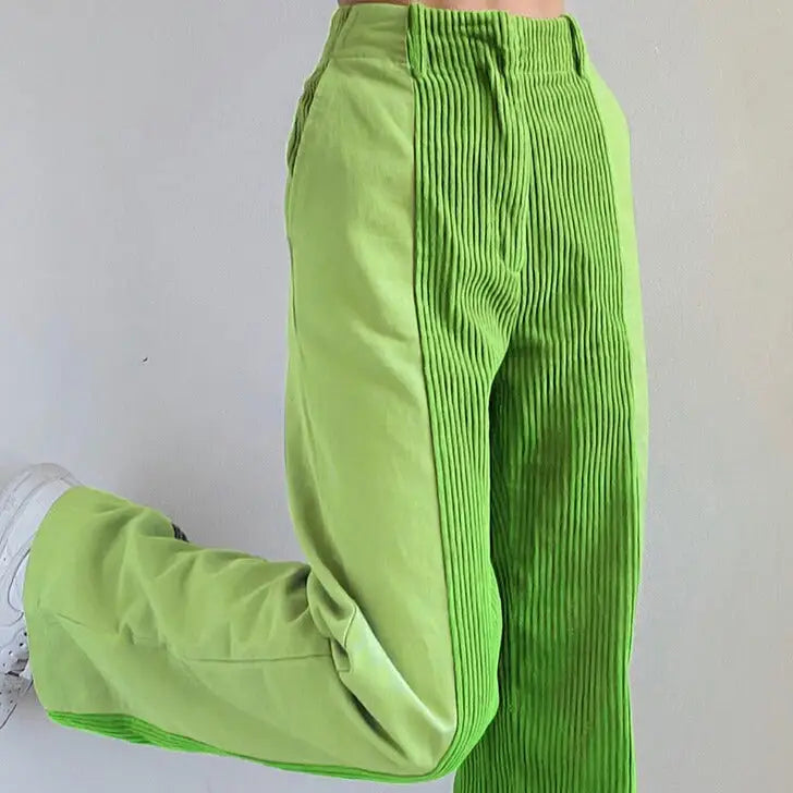 Corduroy High Waist Pants with Contrast Color Pockets Green