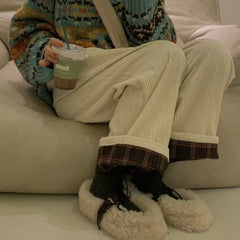 Corduroy High Waist Wide Leg Plaid Pants