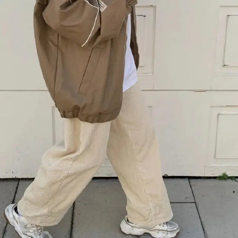 Corduroy High Waist Wide Leg Plaid Pants Beige / S