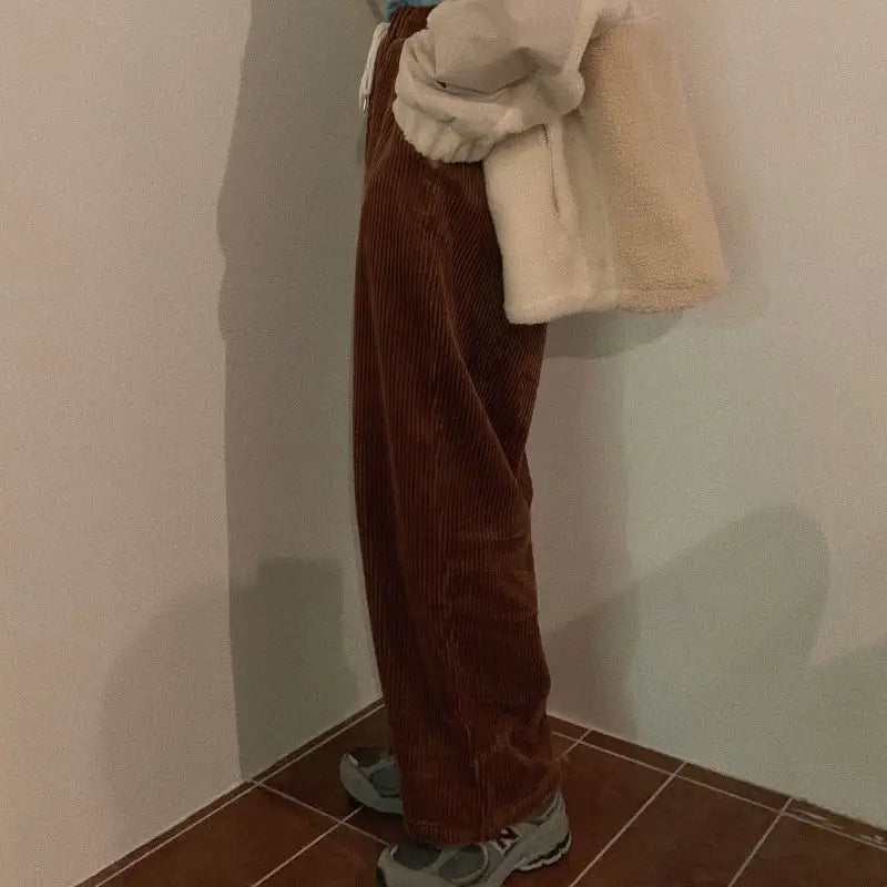Corduroy High Waist Wide Leg Plaid Pants Brown / S
