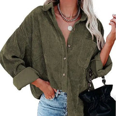 Corduroy Long Loose Shirt Solid Color Casual Style Army