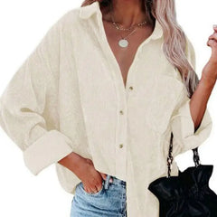 Corduroy Long Loose Shirt Solid Color Casual Style Beige / S