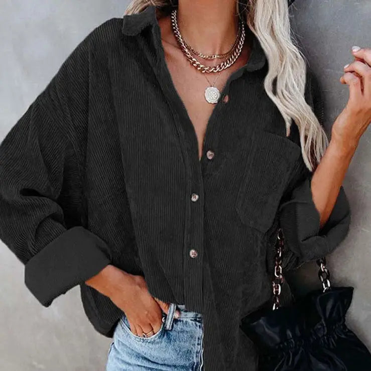 Corduroy Long Loose Shirt Solid Color Casual Style Black / S