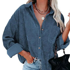 Corduroy Long Loose Shirt Solid Color Casual Style Blue / S