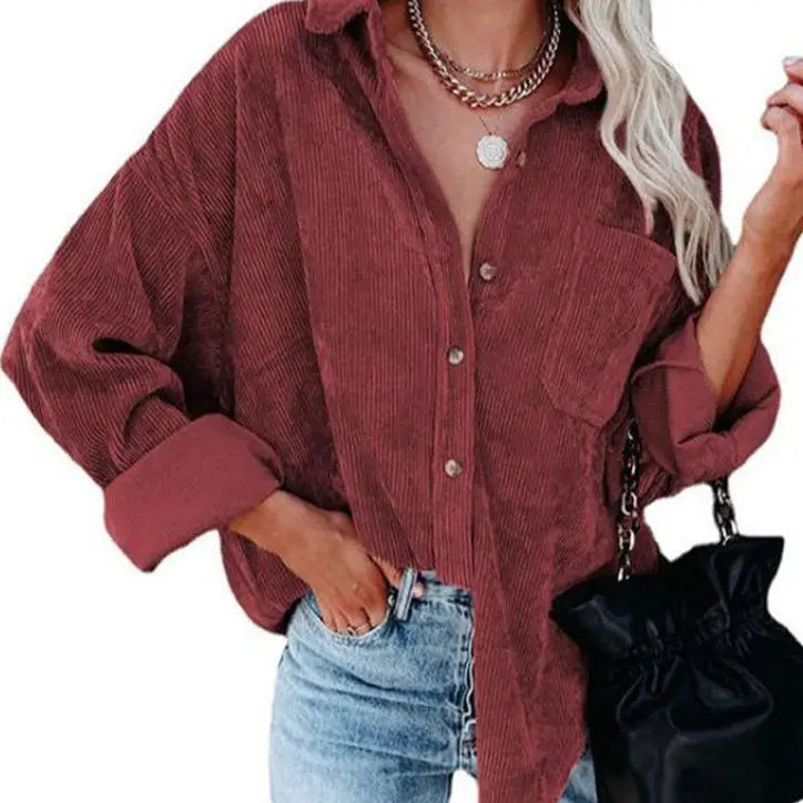 Corduroy Long Loose Shirt Solid Color Casual Style Burgundy