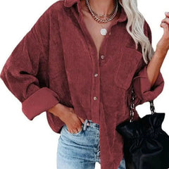Corduroy Long Loose Shirt Solid Color Casual Style Burgundy