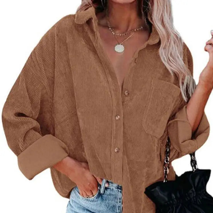 Corduroy Long Loose Shirt Solid Color Casual Style Camel / S