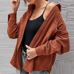 Corduroy Long Loose Shirt Solid Color Casual Style Caramel