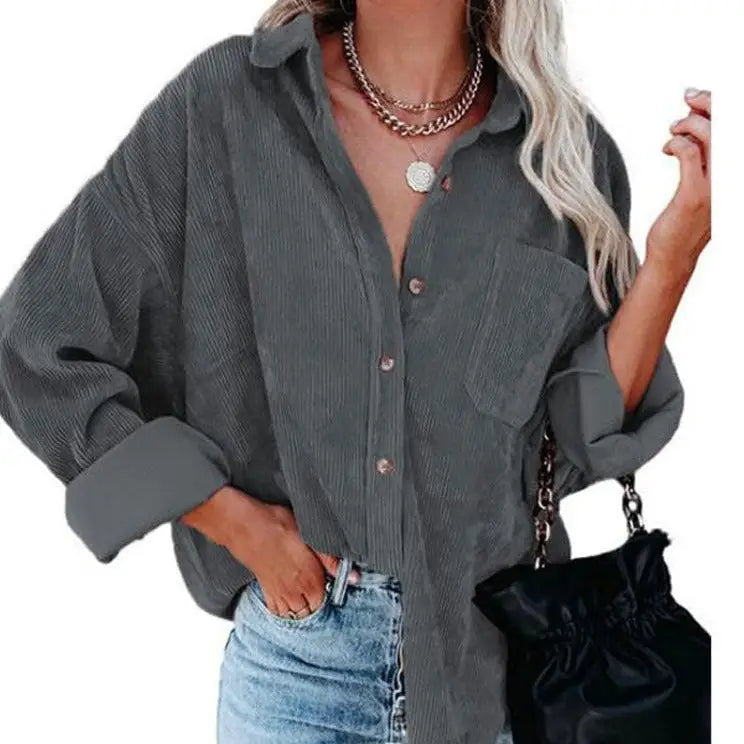 Corduroy Long Loose Shirt Solid Color Casual Style Deep