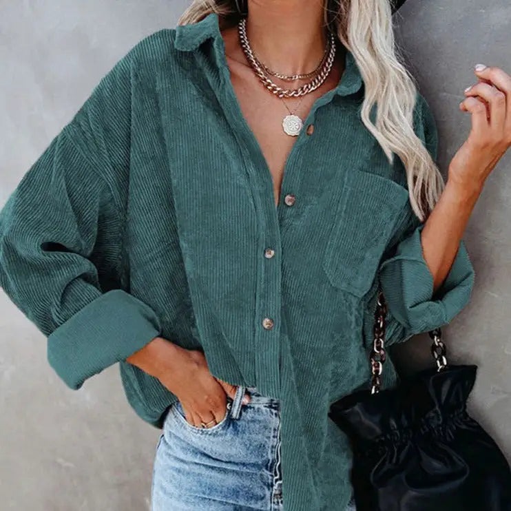 Corduroy Long Loose Shirt Solid Color Casual Style Green / S