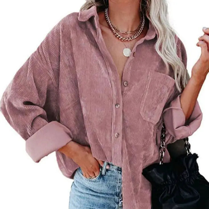 Corduroy Long Loose Shirt Solid Color Casual Style Pink / S