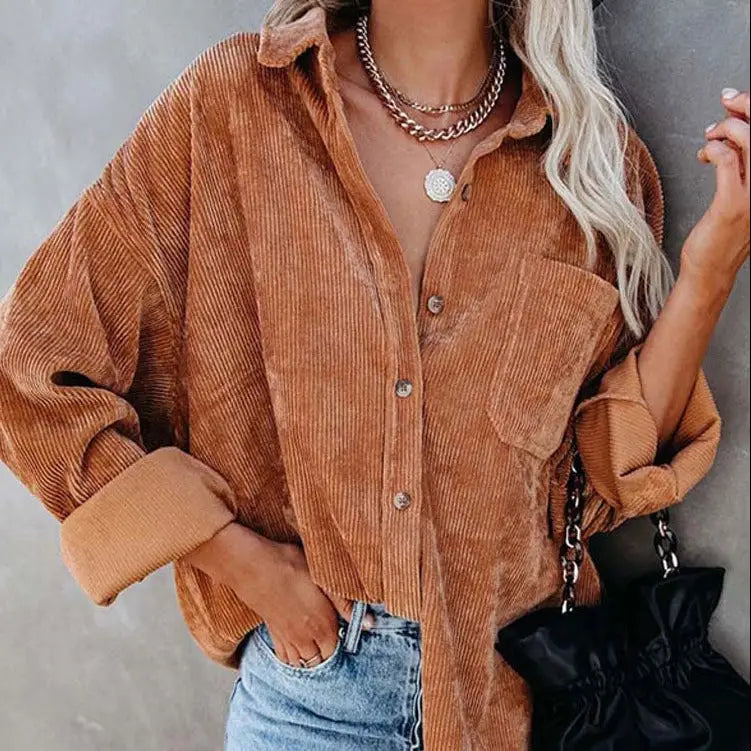 Corduroy Long Loose Shirt Solid Color Casual Style