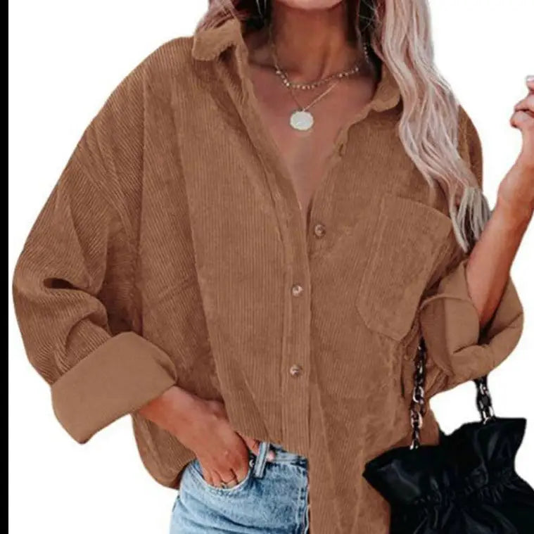 Corduroy Long Loose Shirt Solid Color Casual Style