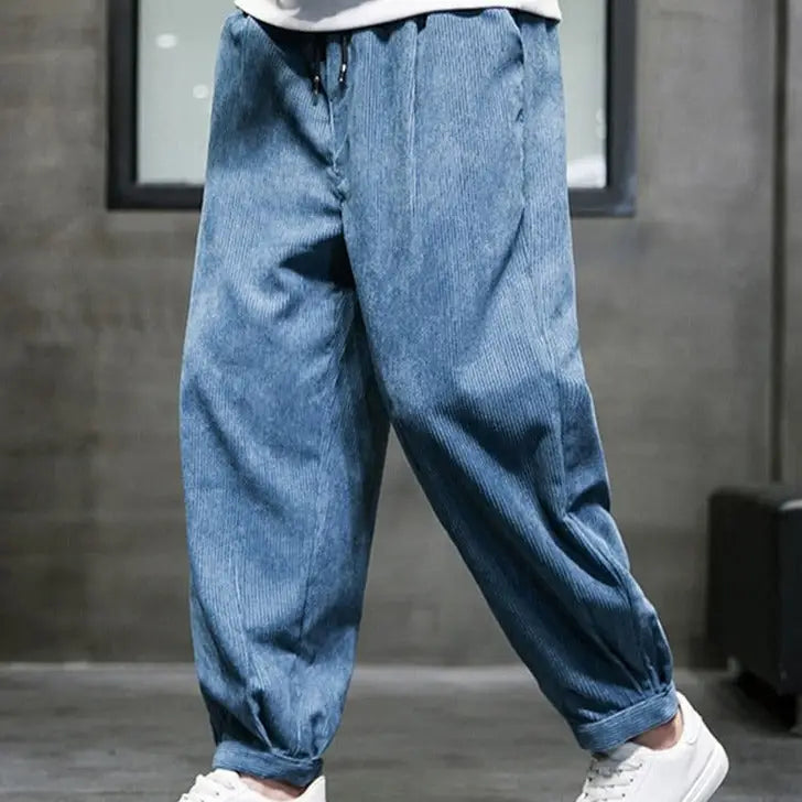 Corduroy Sweatpants Solid Color Full Length for Men M / Blue