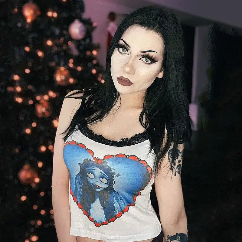 Corpse Bride Lace Strap Crop Top Cotton Polyester