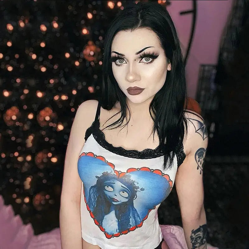 Corpse Bride Lace Strap Crop Top Cotton Polyester