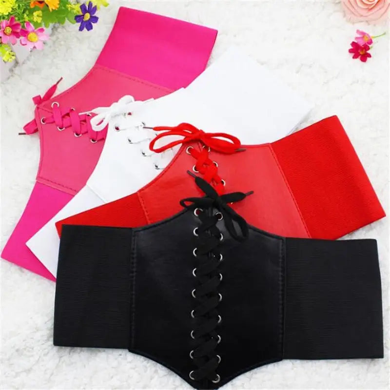 Corset with Laces Elastic Waist PU Leather Belt