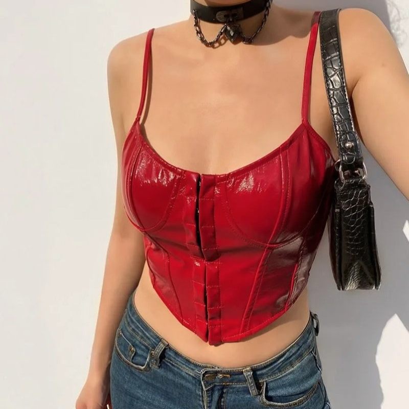 Solid Color PU Vegan Leather Corset - Red / S