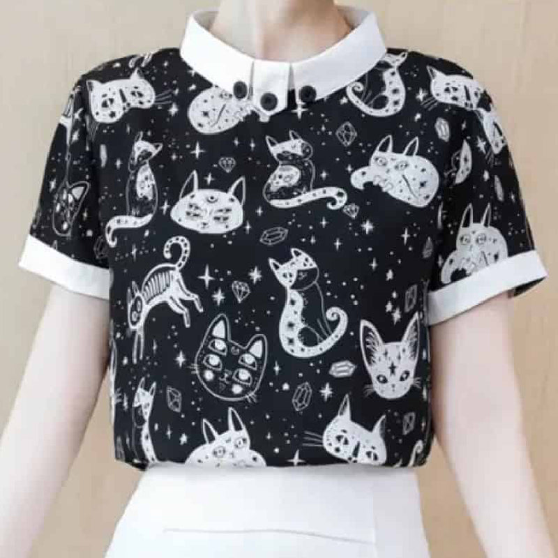 Cosmic Cat Black and White Shirt for Summer Autumn