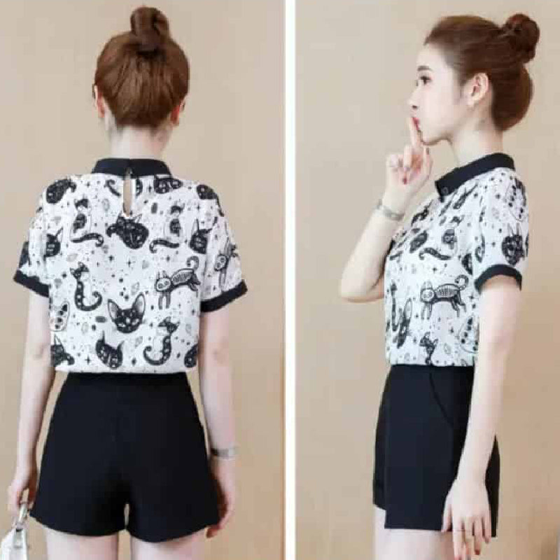 Cosmic Cat Black and White Shirt for Summer Autumn