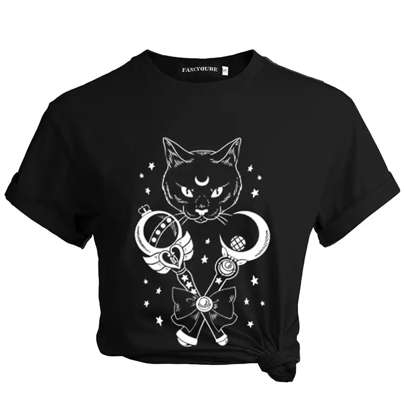 Cosmic Cat Crescent Moon T-shirt