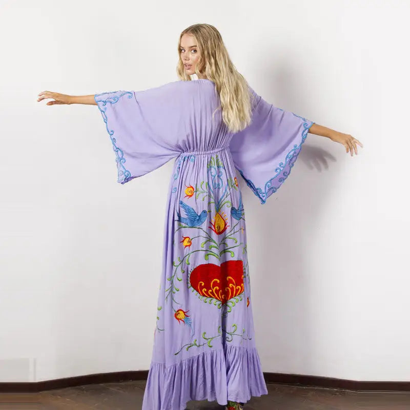 Cotton A-Line Dress Embroidery Flowers Retro Tassel Sleeve