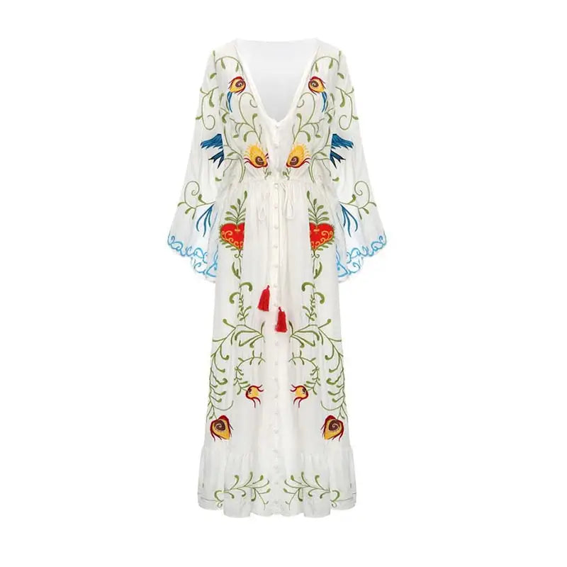 Cotton A-Line Dress Embroidery Flowers Retro Tassel Sleeve