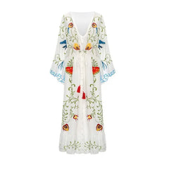 Cotton A-Line Dress Embroidery Flowers Retro Tassel Sleeve