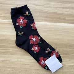 Cotton Animal Cartoon Middle Tube Socks Black Flowers