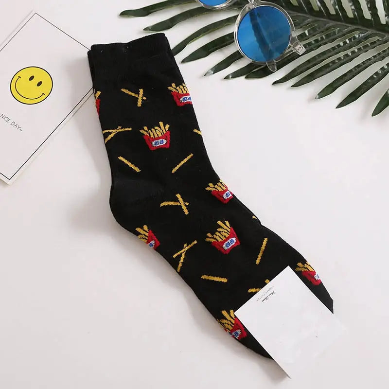 Cotton Animal Cartoon Middle Tube Socks Black -French Fries