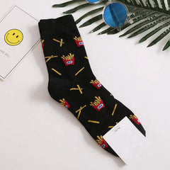 Cotton Animal Cartoon Middle Tube Socks Black -French Fries