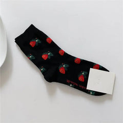Cotton Animal Cartoon Middle Tube Socks Black Strawberry