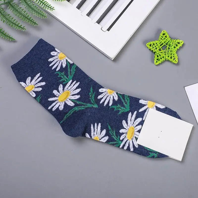 Cotton Animal Cartoon Middle Tube Socks Blue Daysi Flowers